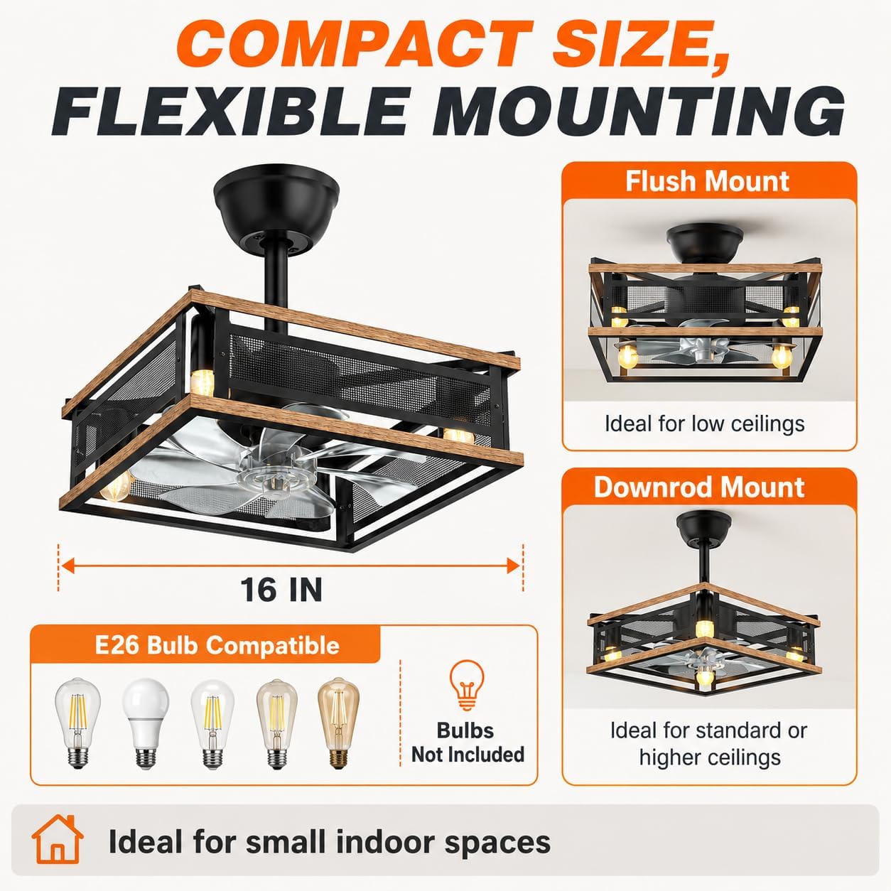 16-inch ceiling fan flush mount and downrod mount options