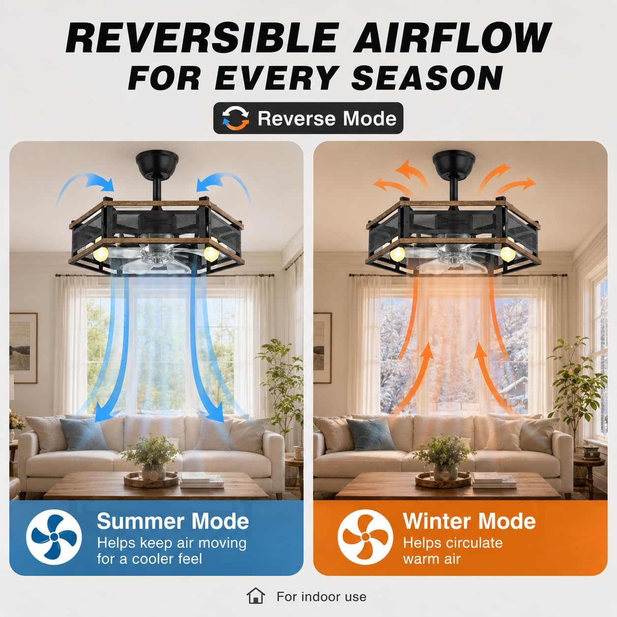 Reversible ceiling fan airflow for summer and winter
