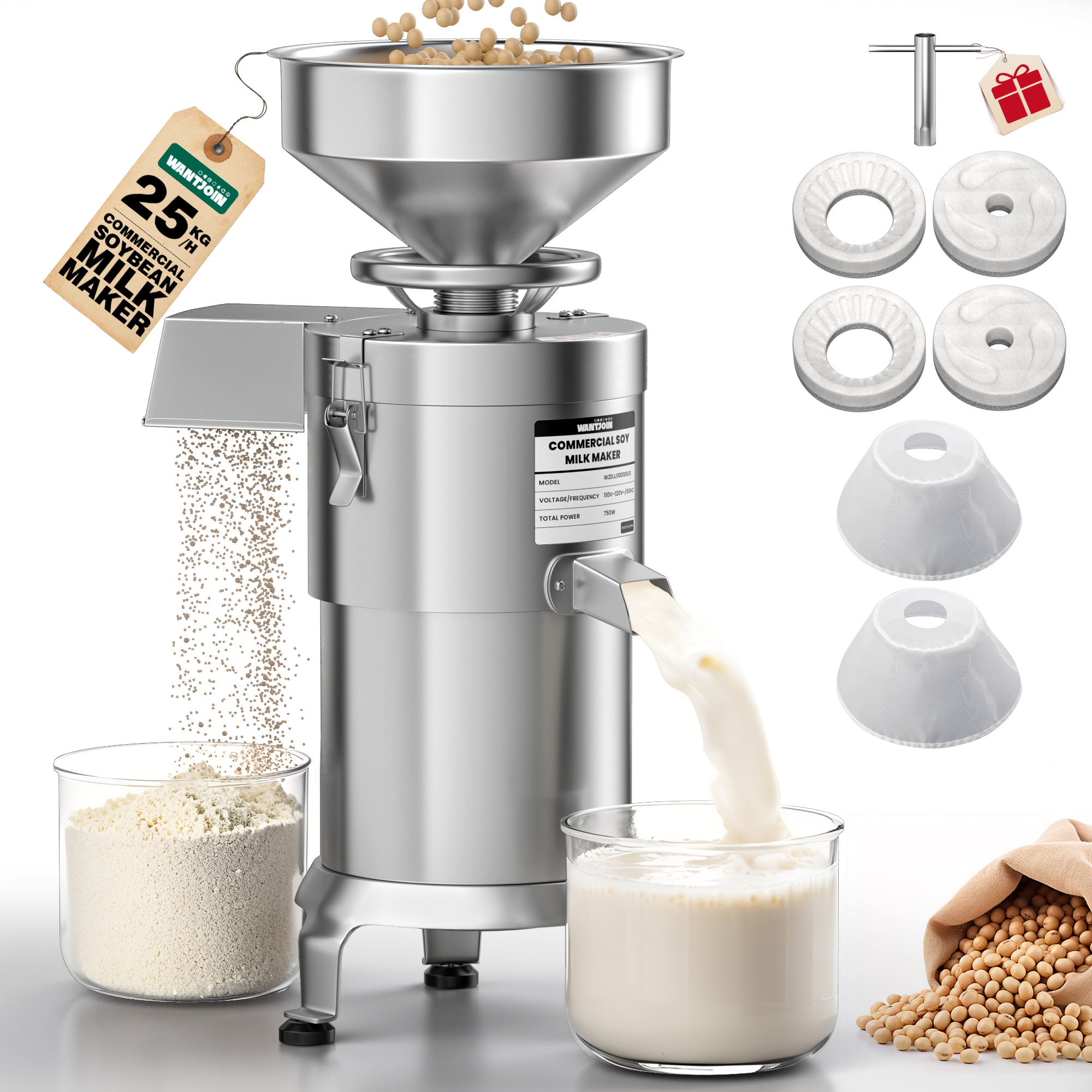 WantJoin Commercial Soy Milk Maker, 25KG/H High Output Automatic Soybean Machine, 2800RPM Pure Copper Motor with Slag Separation, Stainless Steel for Soymilk Nut Milk Rice Milk Tofu, Restaurant