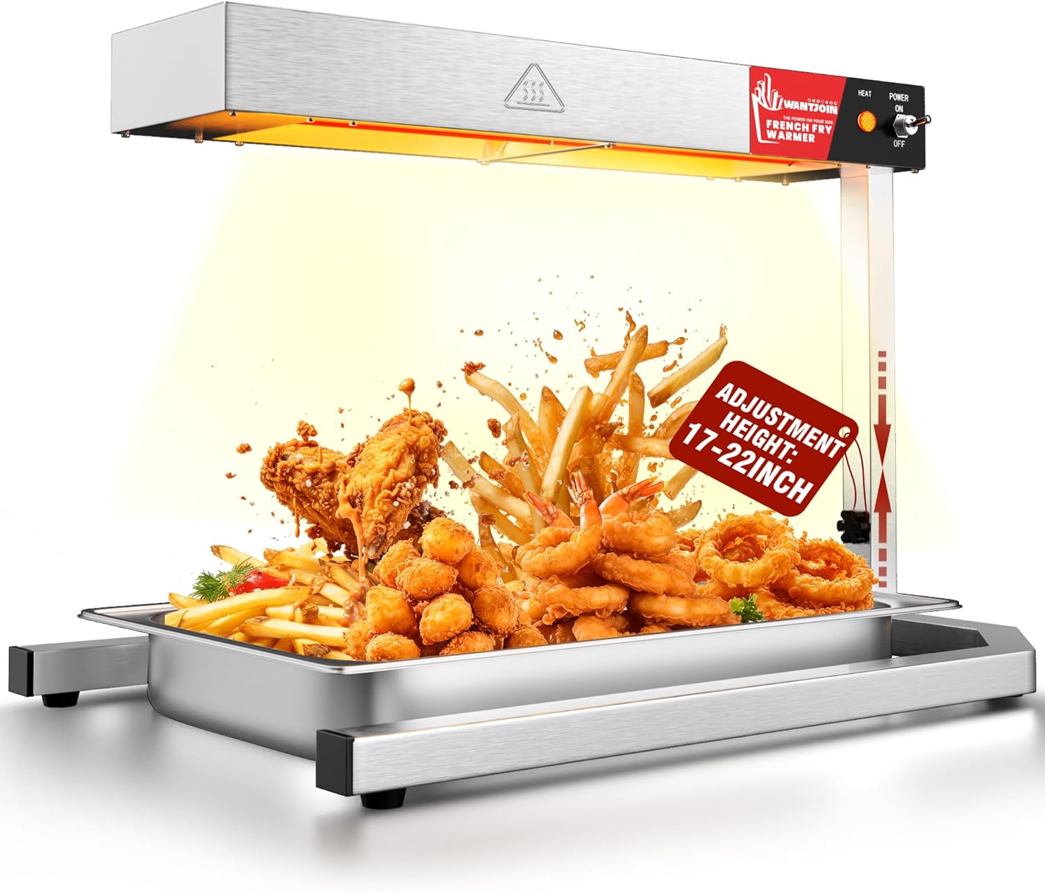 Wantjoin French Fry Warmer - Commercial Heat Lamp for Food, Adjustable Height with U Shape Base Stand, Warming Light Fries Dump Station Stainless Steel, for Kitchens, Catering