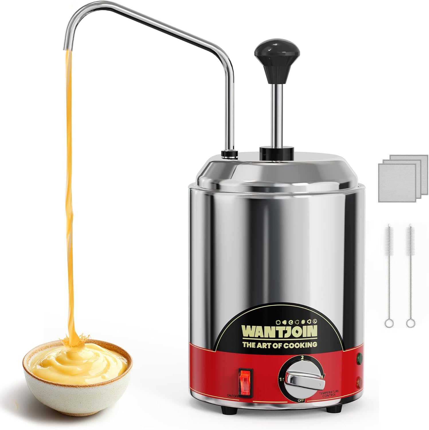 Nacho Cheese Dispenser with Pump - 2.6 Qt Cheese w/Warmer Stainless Steel Pump Hot Fudge Warmer 86-185°F Temperature Control, Commercial Nacho Cheese Warmer Dispenser for Hot Fudge Caramel