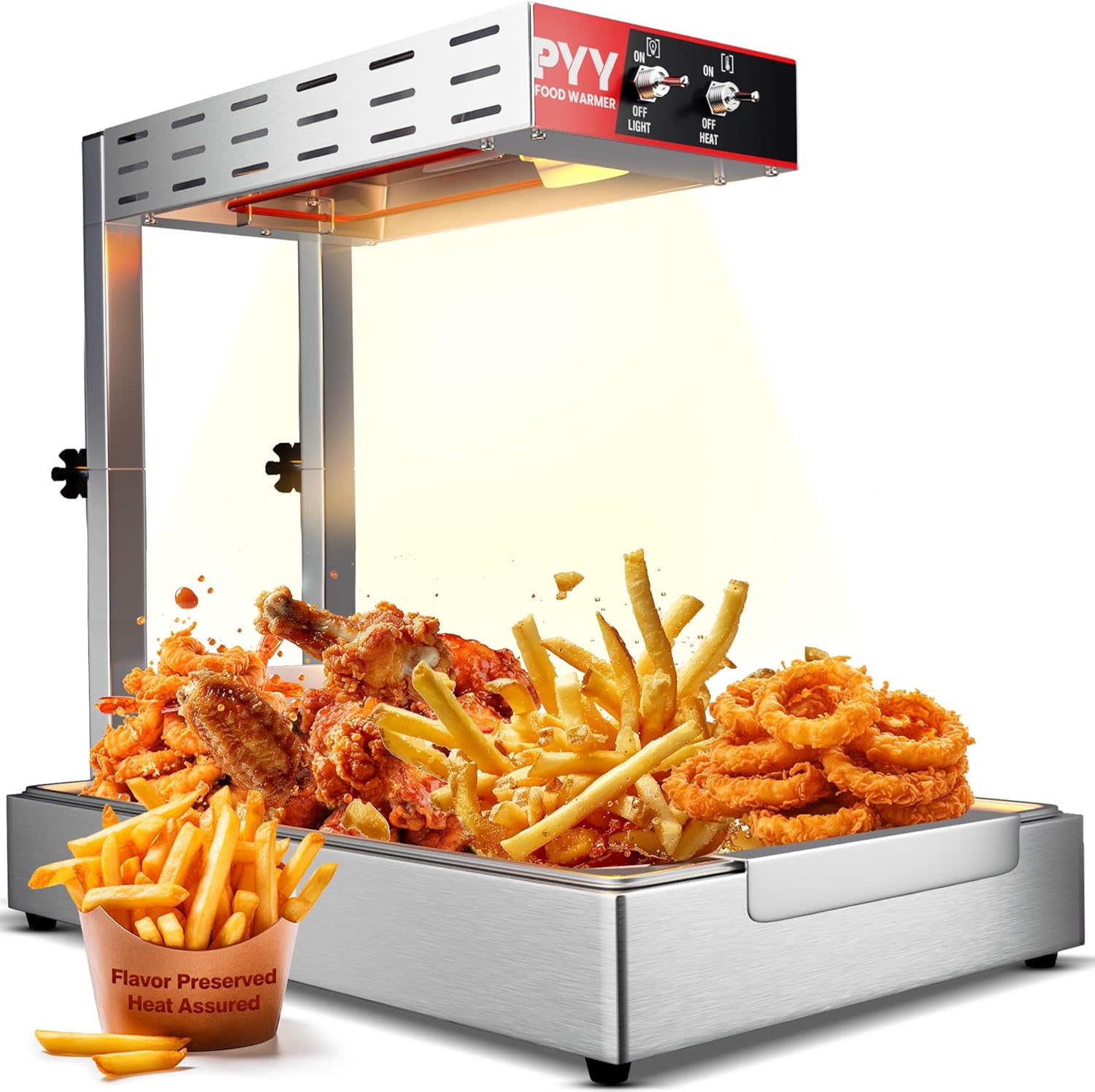 French Fry Warmer - Commercial Food Heat Lamp Fry Dump Station Chip Warmer, Food Warmer Adjustable Height 15.4"-18.5", Temp 86°F-156°F, Countertop Freestanding Food Truck Restaurant 500W