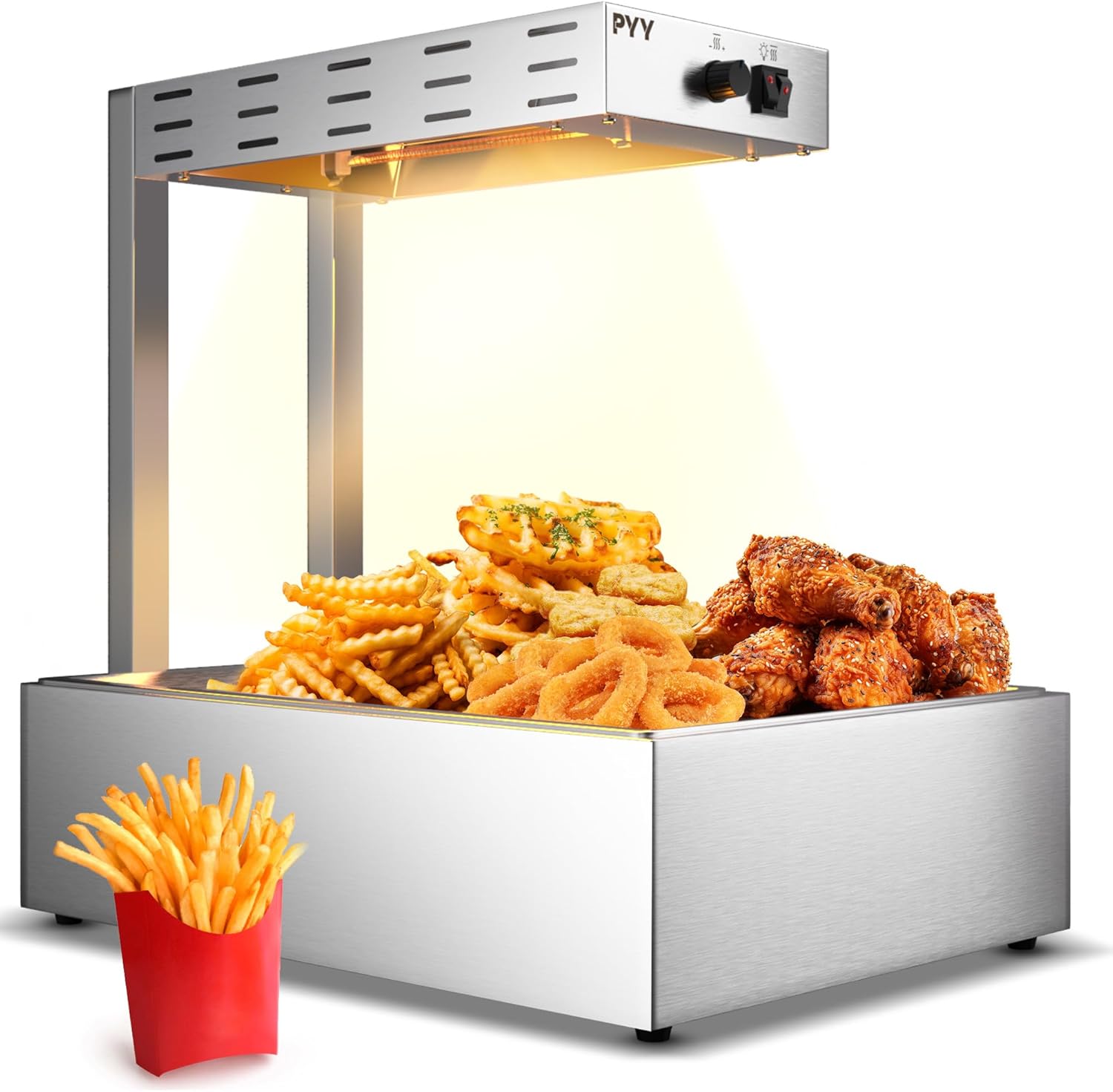 Wantjoin French Fry Warmer Commercial Food Heat Lamp Food Warmer Light Free-Standing Warming Dump Station 5L Countertop Fries Food Warmer for Chips Churros Buffet Kitchen Restaurants 500W