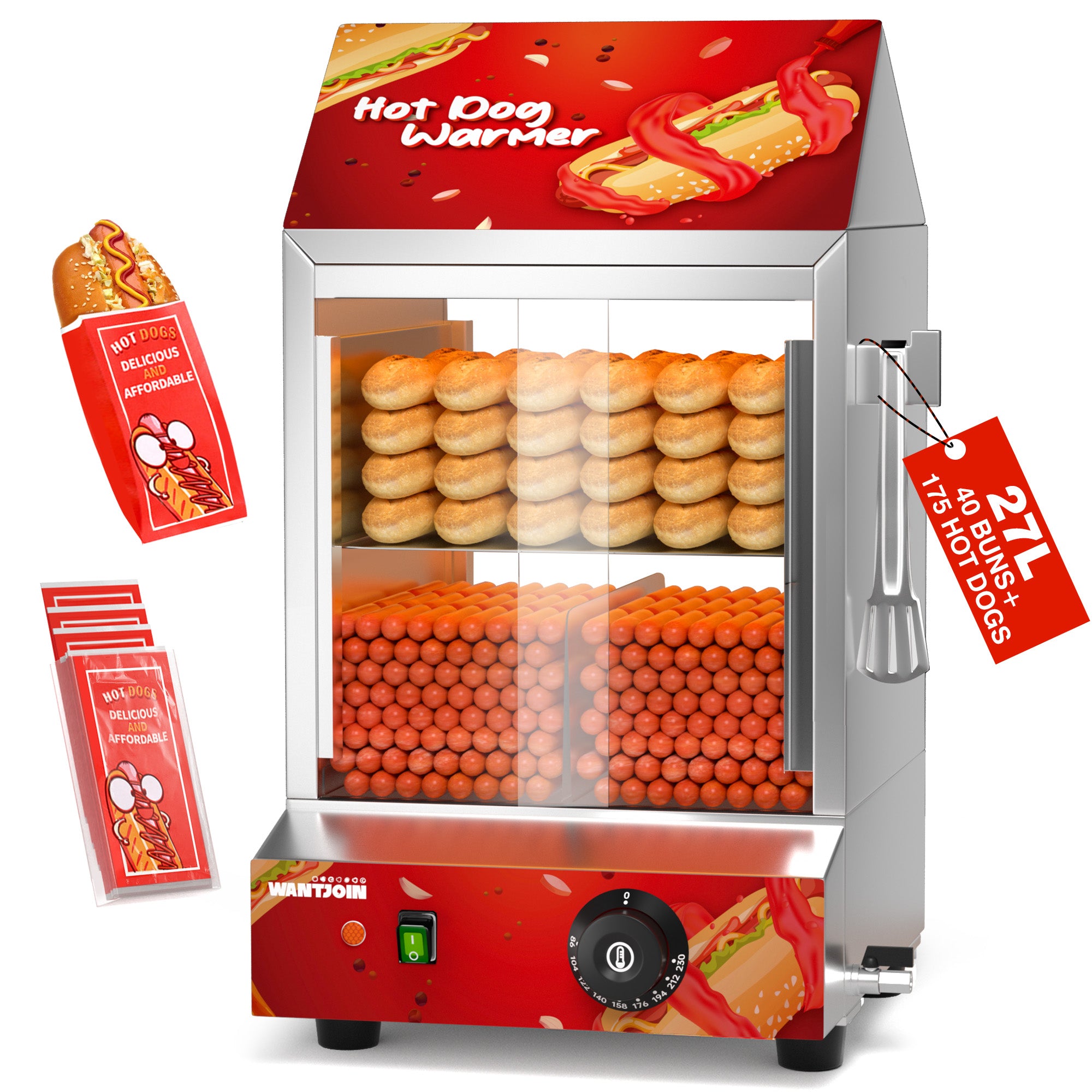 Commercial 2-Tier Hot Dog Steamer with Bun Warmer - 175 Capacity, 1200W Fast Heating, 27L Compact Design for Food Trucks, Concessions (Red)