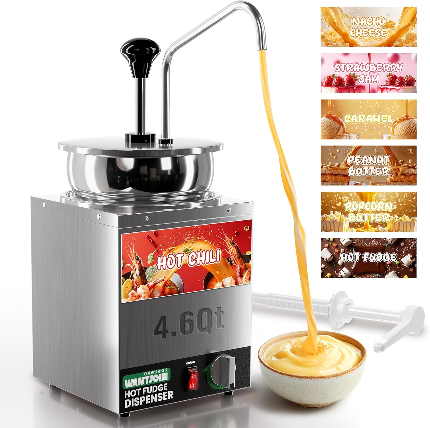 Nacho Cheese Dispenser with Pump - 4.6QT Cheese Warmer w/Stainless Steel Pump Hot Fudge Warmer 86-185°F Temperature Control, Commercial Nacho Cheese Warmer Dispenser for Hot Fudge Caramel