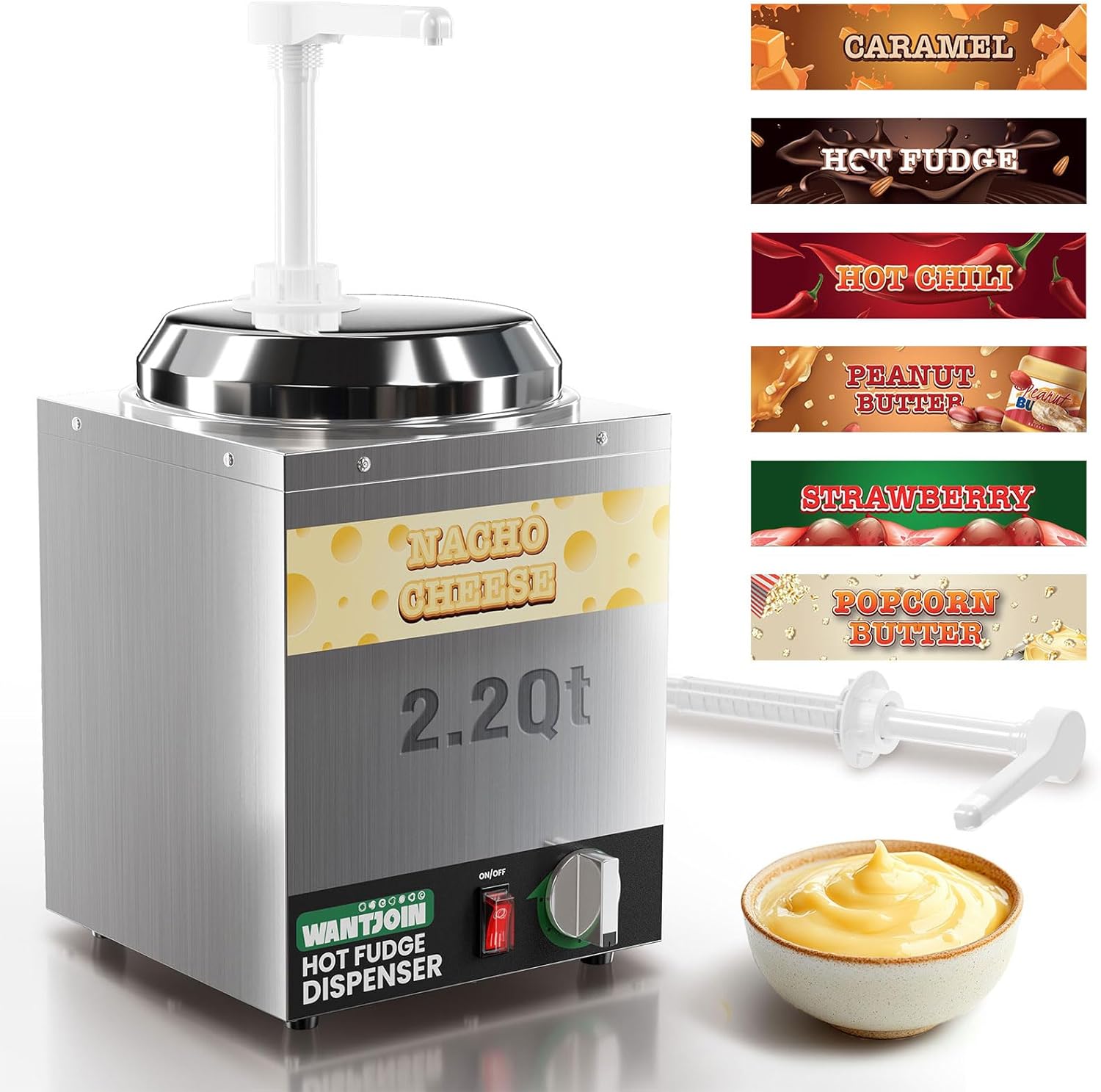 WantJoin Nacho Cheese Dispenser with Pump,2.2Qt Nacho Cheese Warmer,Stainless Steel Hot Fudge Warmer W/5-Level Temperature Adjustment,Commercial Hot Fudge Dispenser for Hot Fudge Cheese Caramel