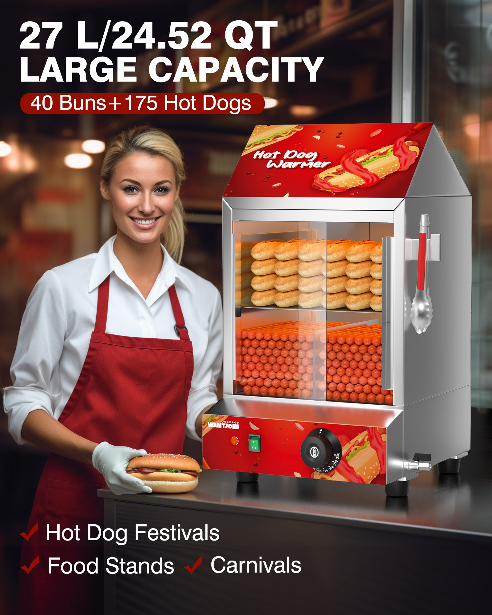 Commercial 2-Tier Hot Dog Steamer with Bun Warmer - 175 Capacity, 1200W Fast Heating, 27L Compact Design for Food Trucks, Concessions (Red)
