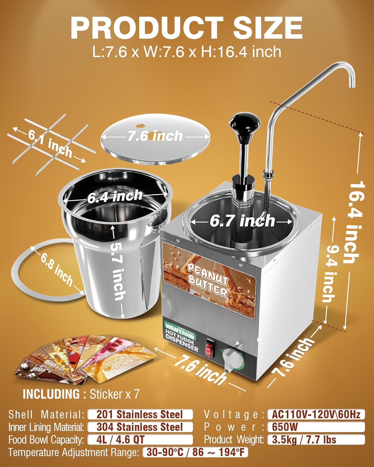 Nacho Cheese Dispenser with Pump - 4.6QT Cheese Warmer w/Stainless Steel Pump Hot Fudge Warmer 86-185°F Temperature Control, Commercial Nacho Cheese Warmer Dispenser for Hot Fudge Caramel