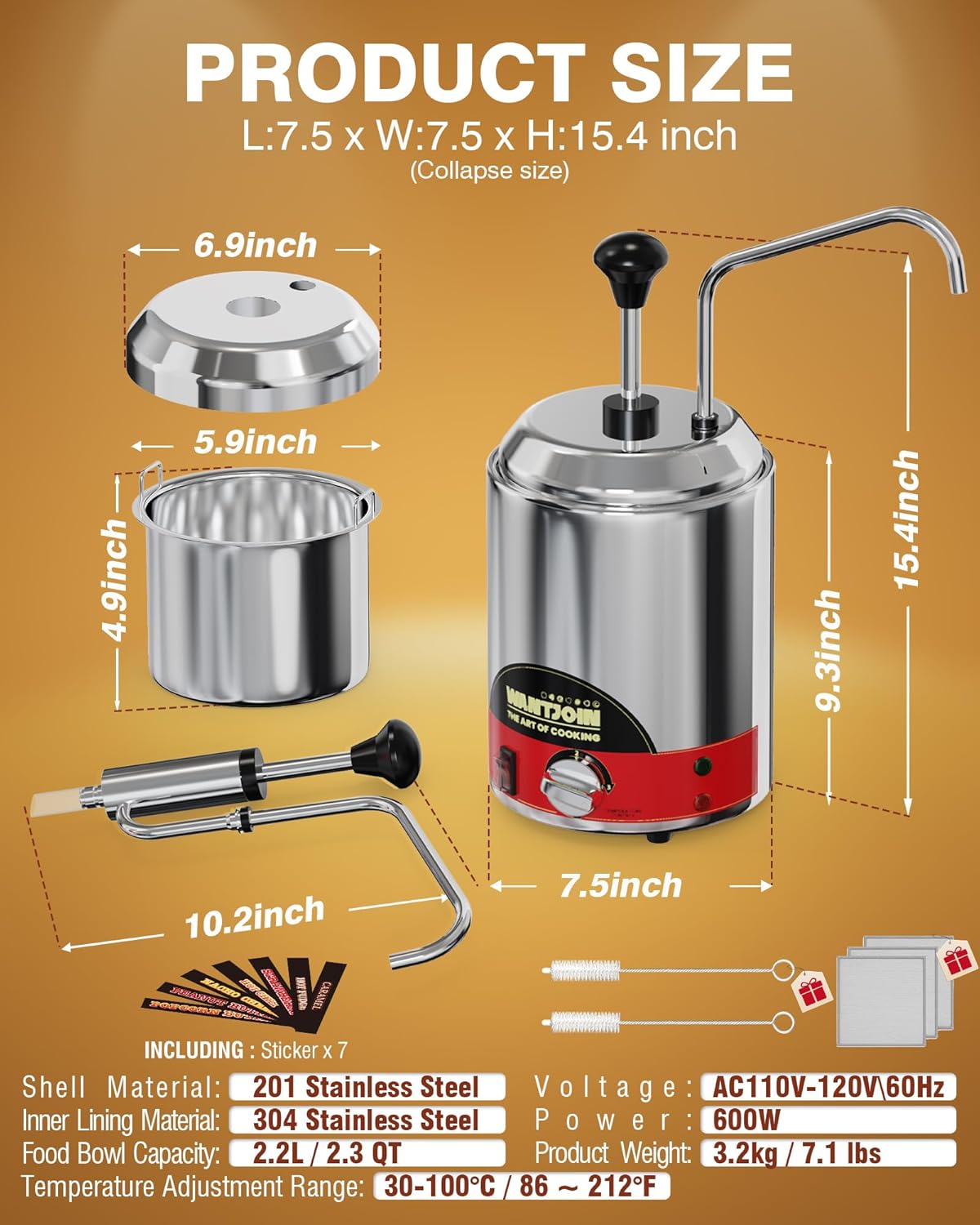 Nacho Cheese Dispenser with Pump - 2.6 Qt Cheese w/Warmer Stainless Steel Pump Hot Fudge Warmer 86-185°F Temperature Control, Commercial Nacho Cheese Warmer Dispenser for Hot Fudge Caramel