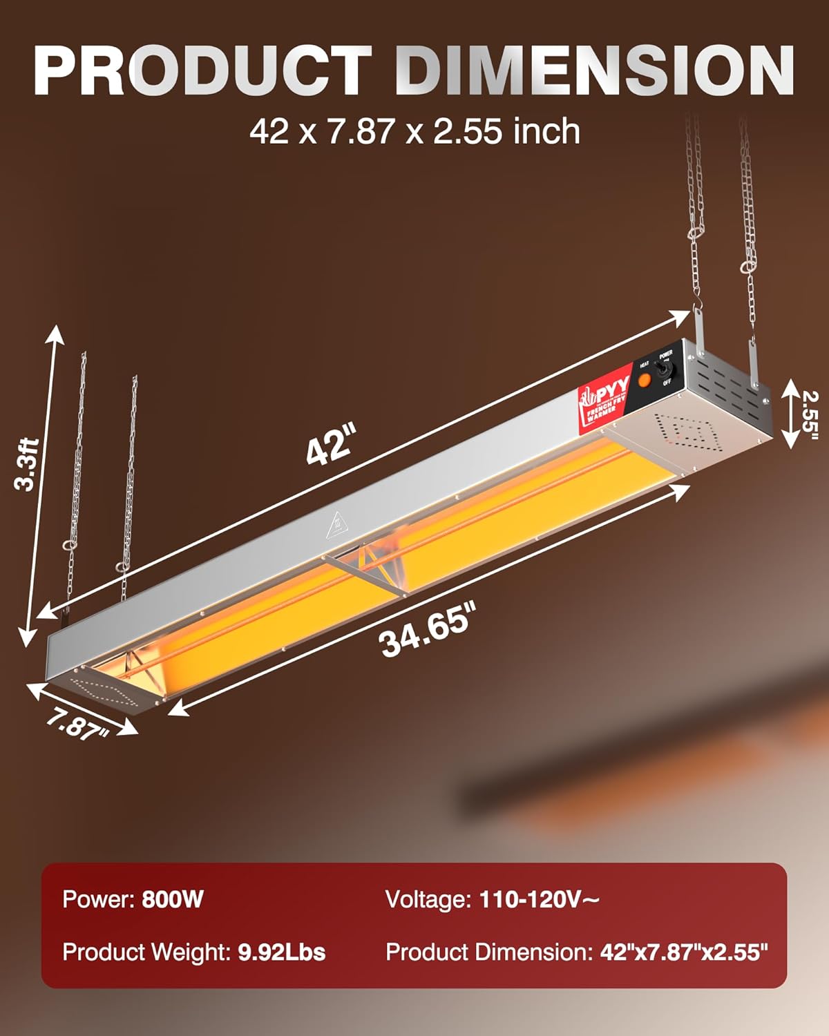 Food Heat Lamp - Commercial Heating Lamp for Food Hanging Warming Lamp 500W Stainless Steel Electric Strip Heater with Warm Lights for Service Cafeteria Restaurant Kitchen