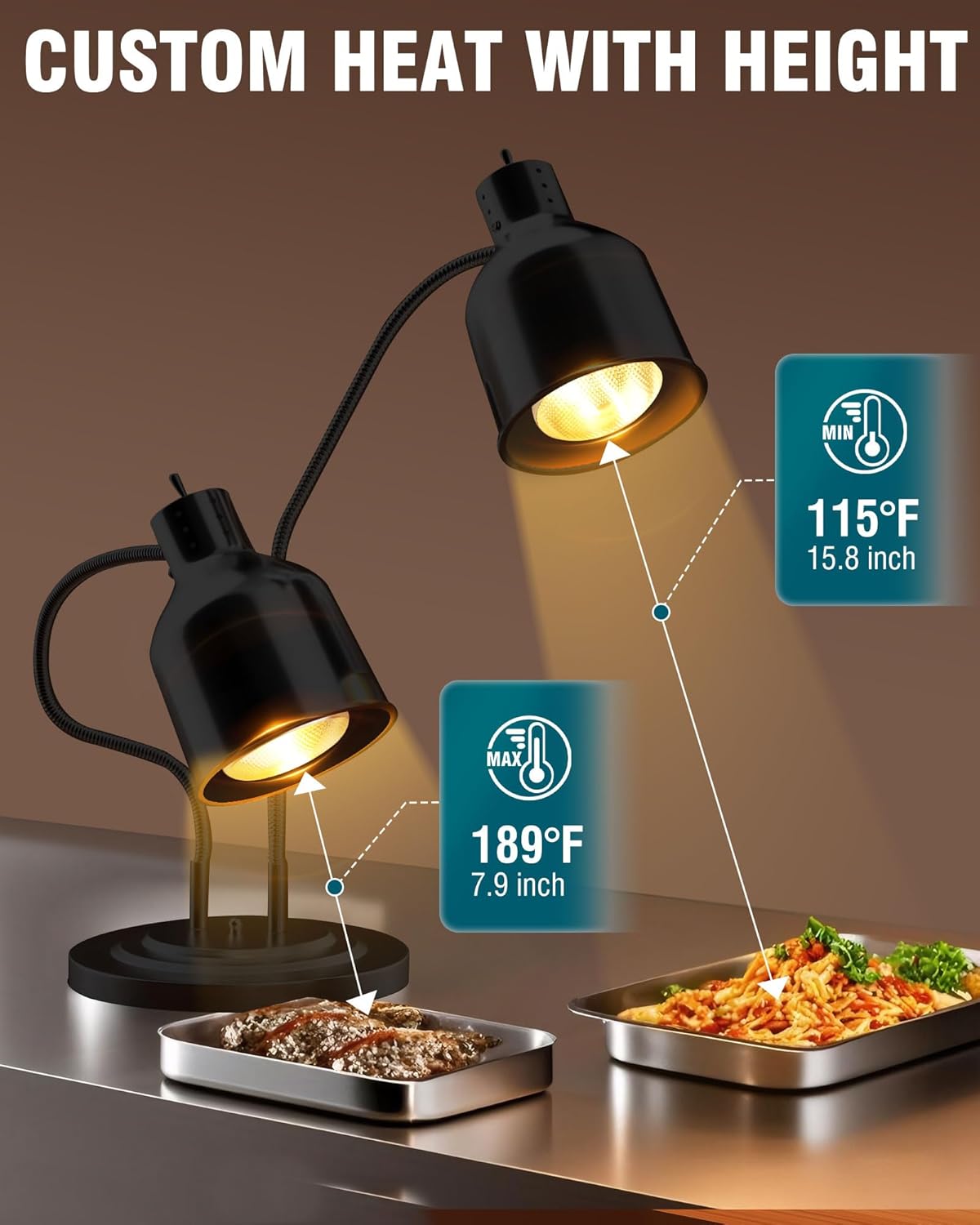 Food Heat Lamp - Dual Head Commercial for Food Heating Warmer Heater Portable Electric Warming Lights for Catering Food Service Restaurant Buffet Kitchen with Extra Bulb 500W