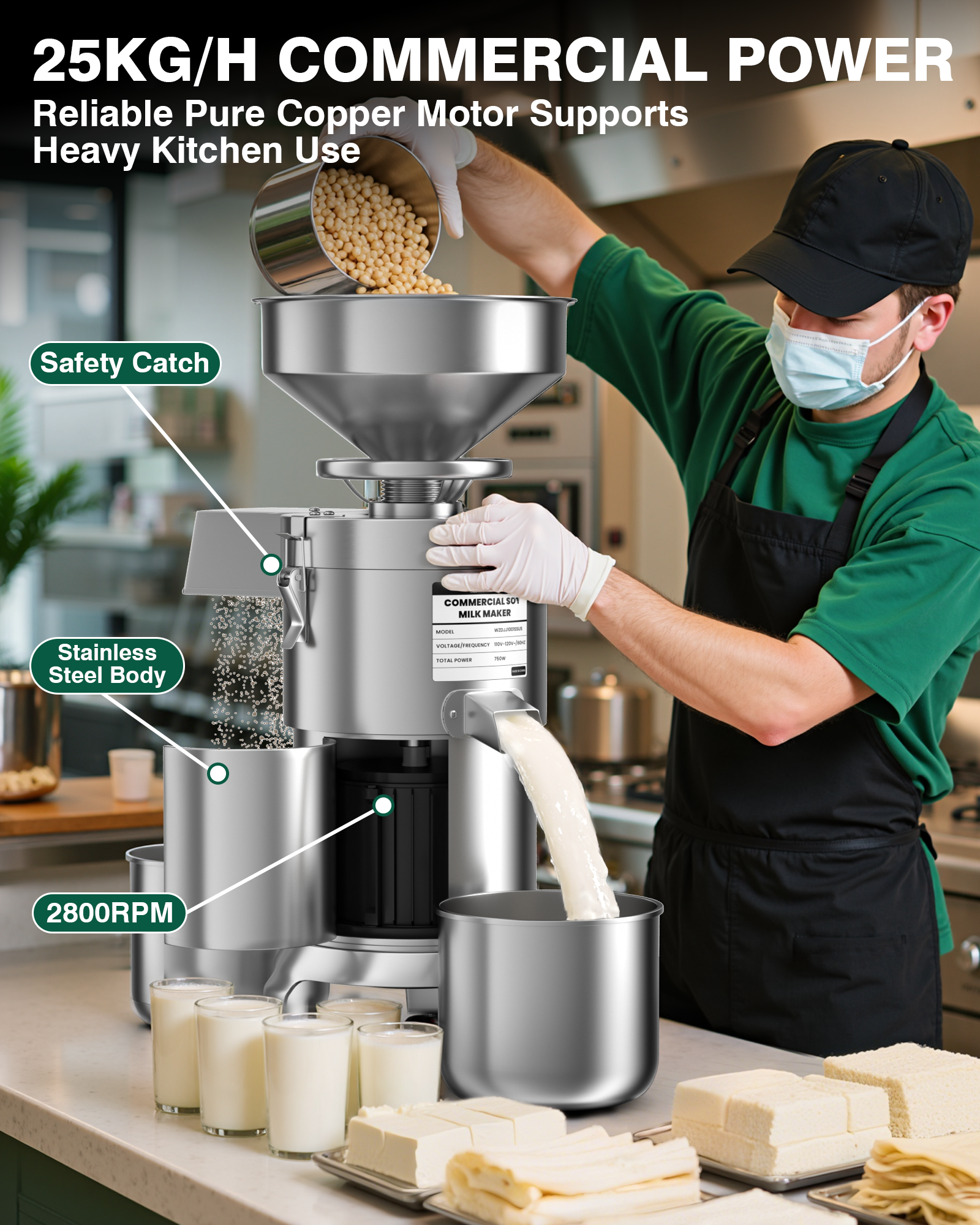 WantJoin Commercial Soy Milk Maker, 25KG/H High Output Automatic Soybean Machine, 2800RPM Pure Copper Motor with Slag Separation, Stainless Steel for Soymilk Nut Milk Rice Milk Tofu, Restaurant