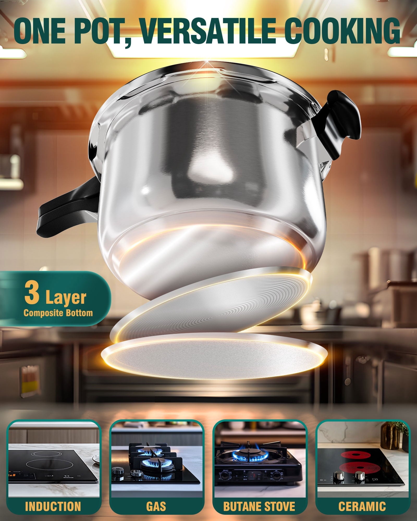 WantJoin 6.5QT Stainless Steel Pressure Cooker with Spring Valve Safeguard Devices, Induction & Gas Cooker Compatible