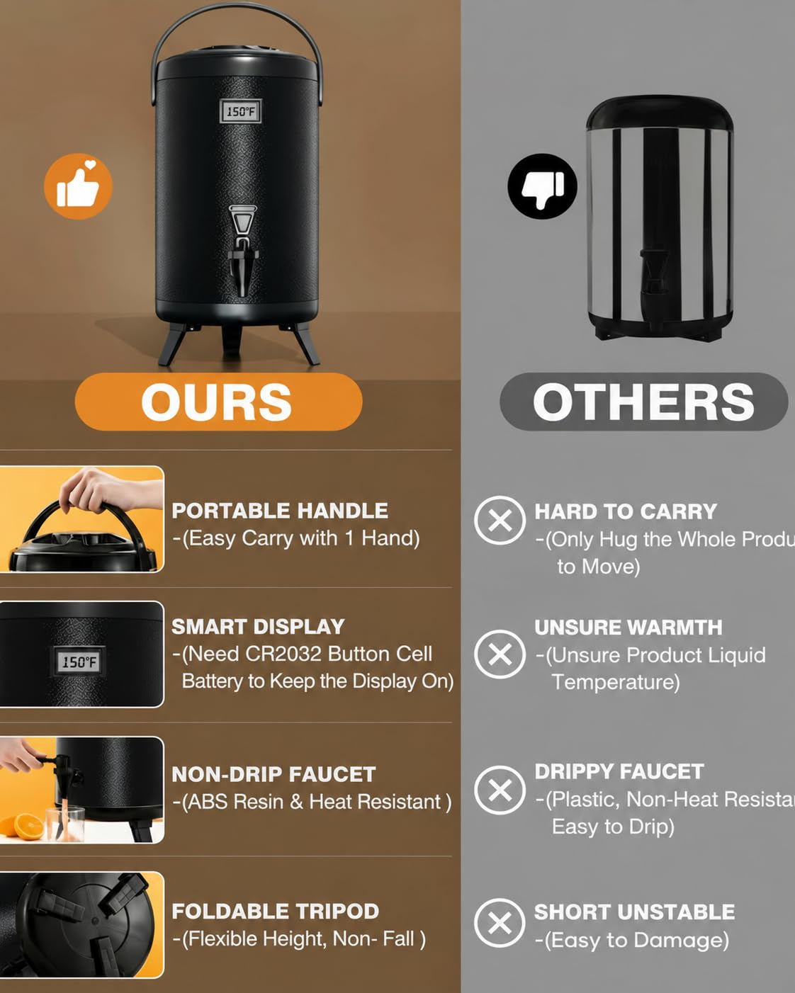 Insulated Beverage Dispenser Stainless Steel Black 2 Gal, 1Pack
