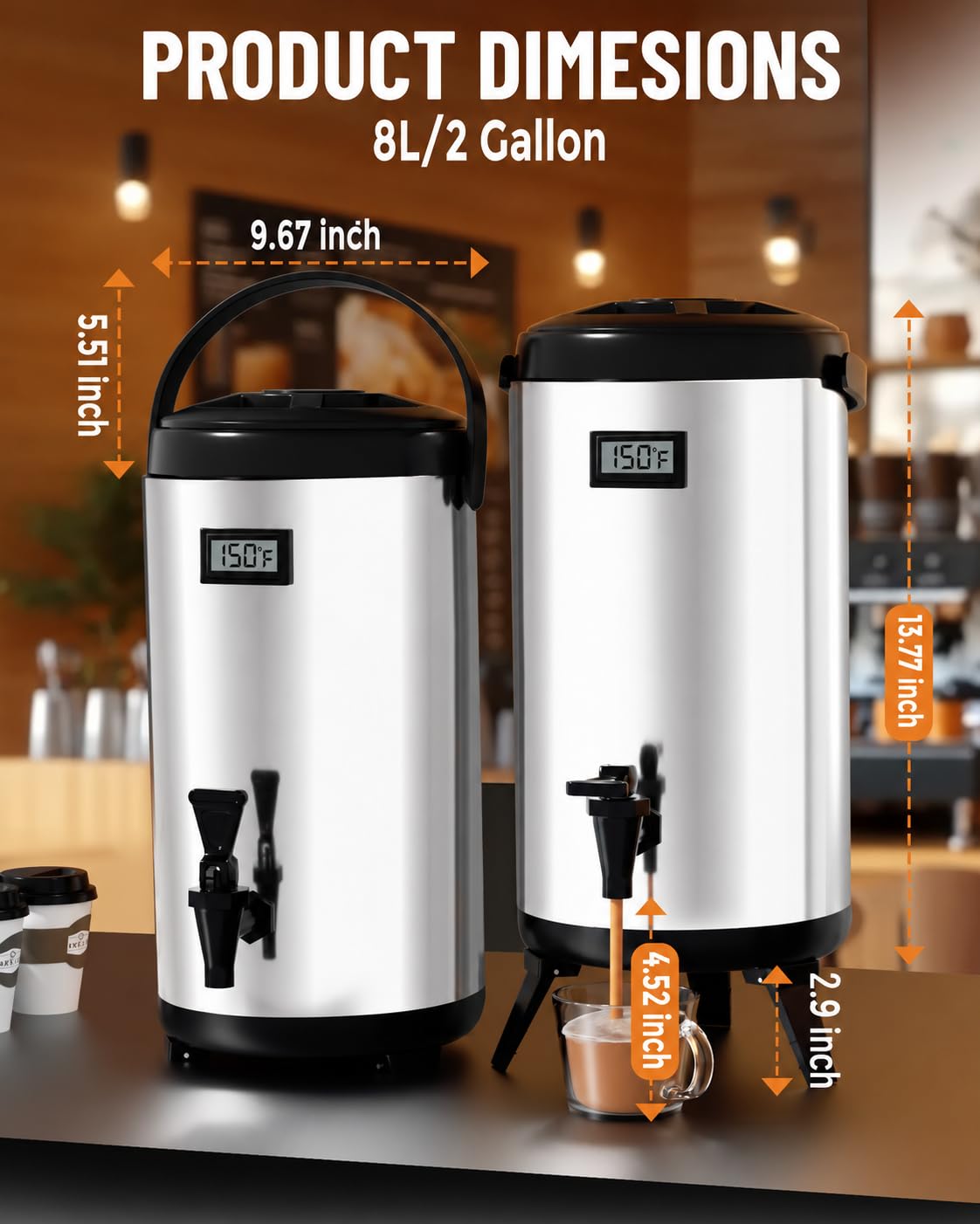 Insulated Beverage Dispenser Stainless Steel Silver 2 Gal, 1Pack