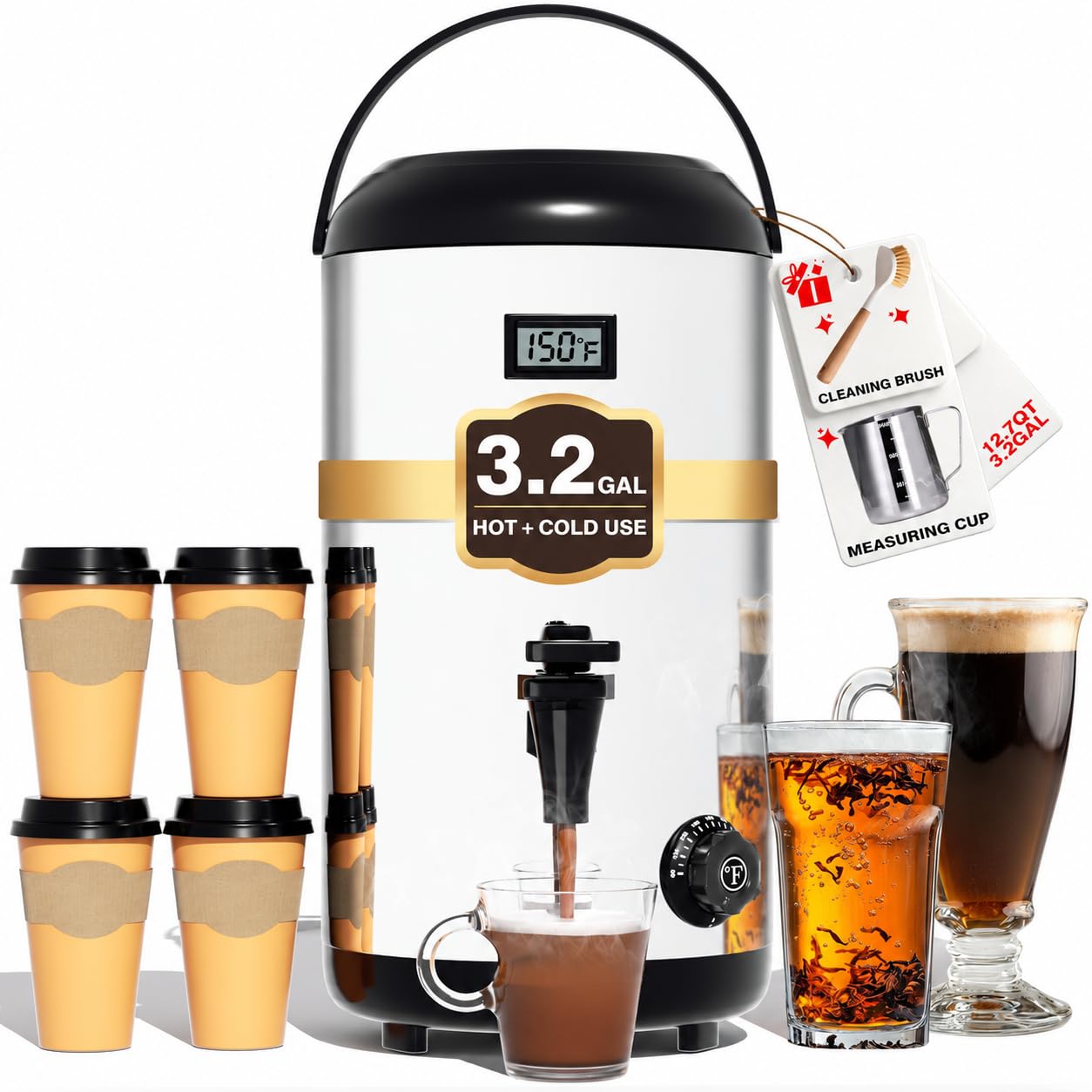 Insulated Beverage Dispenser Stainless Steel Silver 3Gal-Heating