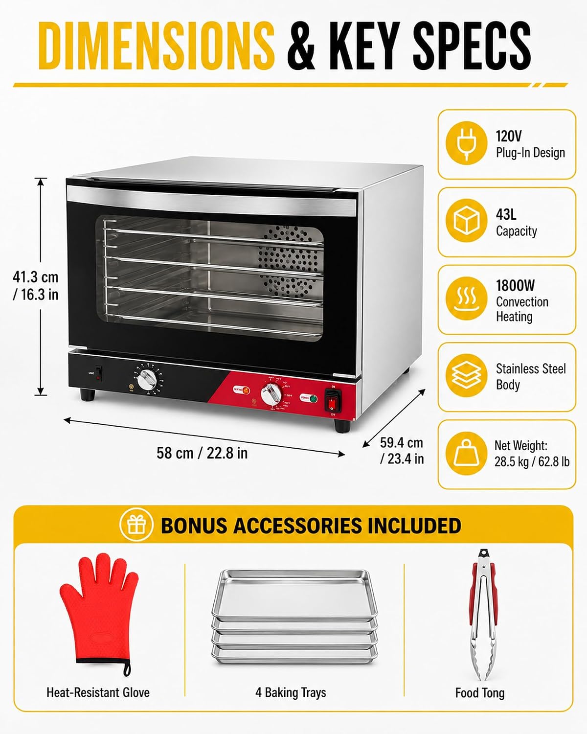 WantJoin Commercial Convection Oven - 1.5 Cu. Ft. Countertop Oven for Half Size Pan, 1800W, Front Tempered Glass Door, 3580RPM Fan, Stainless Steel for Restaurant Coffee Shops
