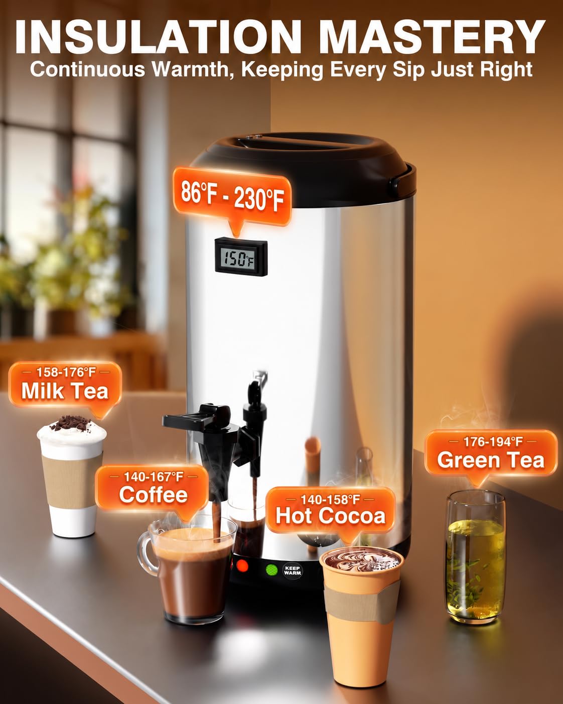 Insulated Beverage Dispenser Stainless Steel Silver 3Gal-Heating