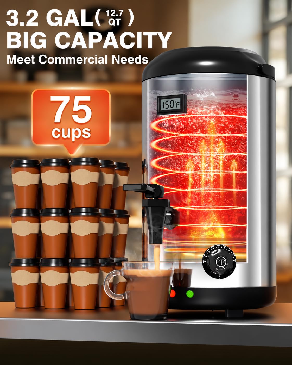 Insulated Beverage Dispenser Stainless Steel Silver 3Gal-Heating
