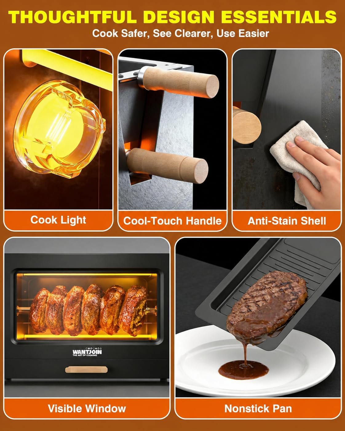 WantJoin rotisserie oven details: cook light, cool-touch handles, anti-stain shell, viewing window, and nonstick pan