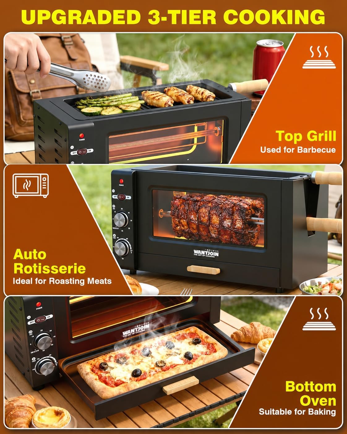 WantJoin 3-in-1 rotisserie oven with top grill, auto-rotating spit, and bottom baking tray
