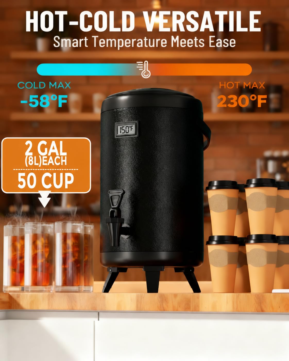 Insulated Beverage Dispenser Stainless Steel Black 2 Gal, 1Pack