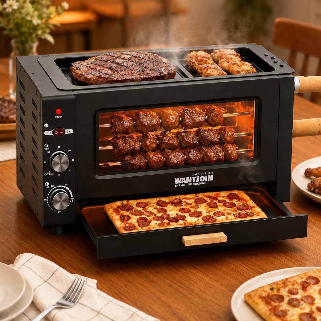 WantJoin 26QT 3-in-1 rotisserie oven grilling steak and chicken, rotating meat skewers, and baking pizza