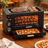 WantJoin 26QT 3-in-1 rotisserie oven grilling steak and chicken, rotating meat skewers, and baking pizza