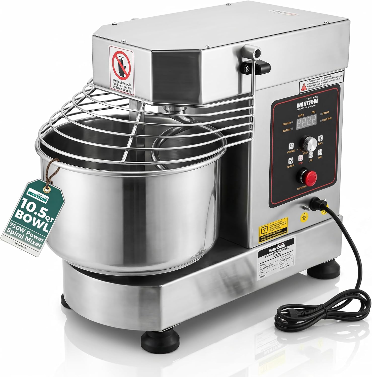 WantJoin Commercial Dough Mixer - 10.5Qt Capacity 750W Dual Rotating Dough Kneading Machine w/Food-grade Stainless Steel Bowl, Security Shield & Timer, Spiral Dough Mixer For Restaurant Bakery