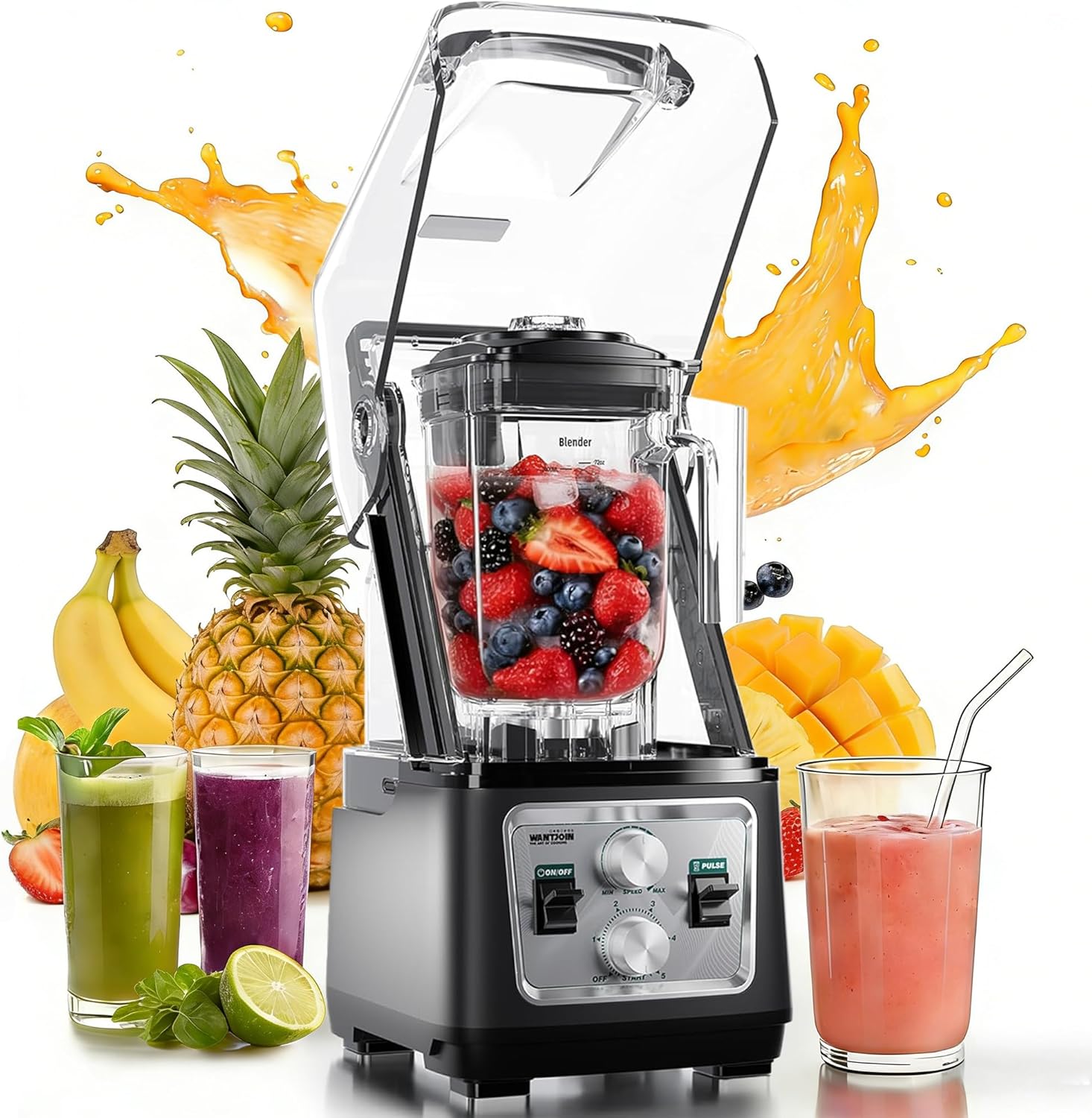WantJoin Commercial Blender- 80Oz Quiet Shield Smoothie Blender, 1600W Professional Ice Crusher with 6 Blades & 15 Speeds, High-speed Ice Drink Maker for Restaurant Café Home, Dishwasher Safe