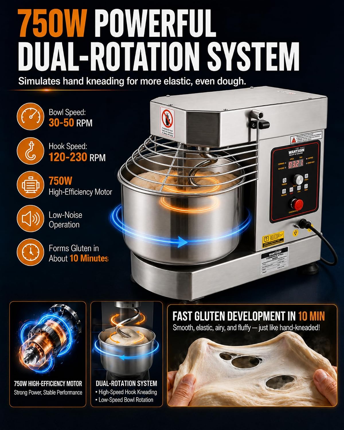 WantJoin Commercial Dough Mixer - 10.5Qt Capacity 750W Dual Rotating Dough Kneading Machine w/Food-grade Stainless Steel Bowl, Security Shield & Timer, Spiral Dough Mixer For Restaurant Bakery