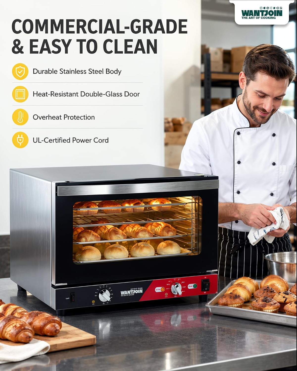 WantJoin Commercial Convection Oven - 1.5 Cu. Ft. Countertop Oven for Half Size Pan, 1800W, Front Tempered Glass Door, 3580RPM Fan, Stainless Steel for Restaurant Coffee Shops