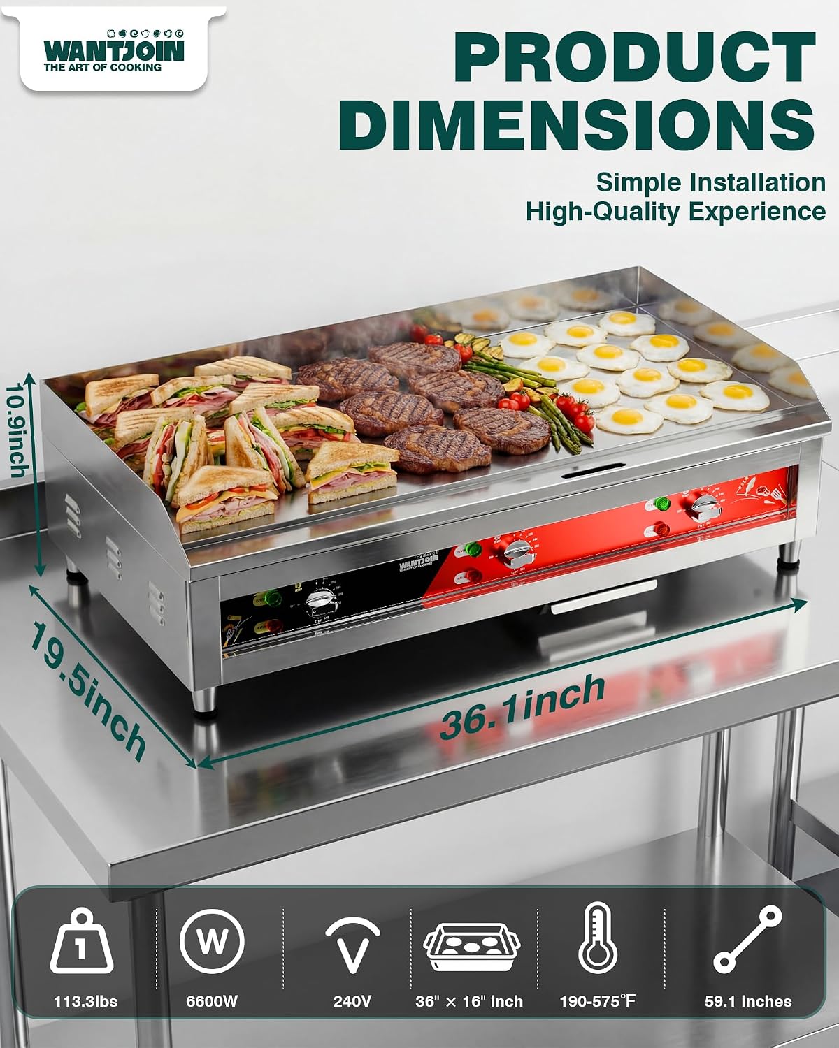 WantJoin Commercial Electric Griddle - 36"*20" Large Heavy Duty Commercial Griddles with Non-Stick 1/2" Thicken Iron Cooking Plate, 6600W Flat Top Heavy Duty Griddles for Restaurant Use