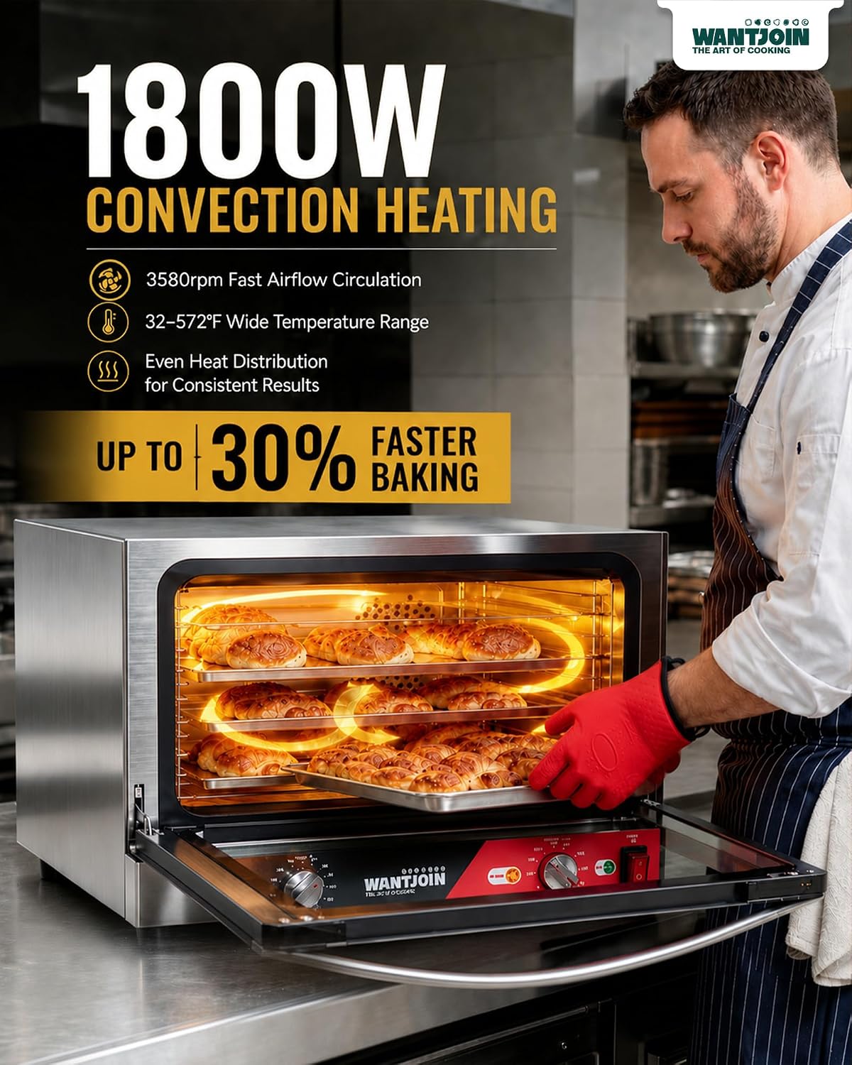 WantJoin Commercial Convection Oven - 1.5 Cu. Ft. Countertop Oven for Half Size Pan, 1800W, Front Tempered Glass Door, 3580RPM Fan, Stainless Steel for Restaurant Coffee Shops