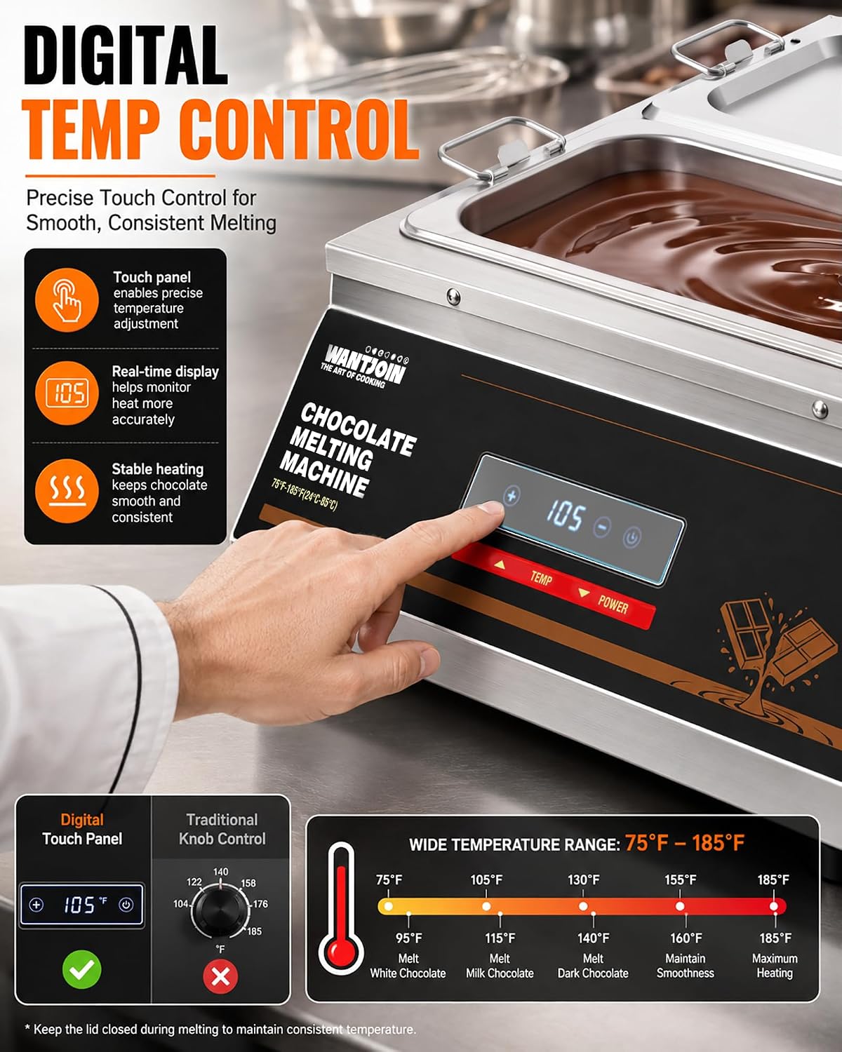 WantJoin Chocolate Tempering Melting Machine 2-Tank 1/3 Size 18Lbs Capacity