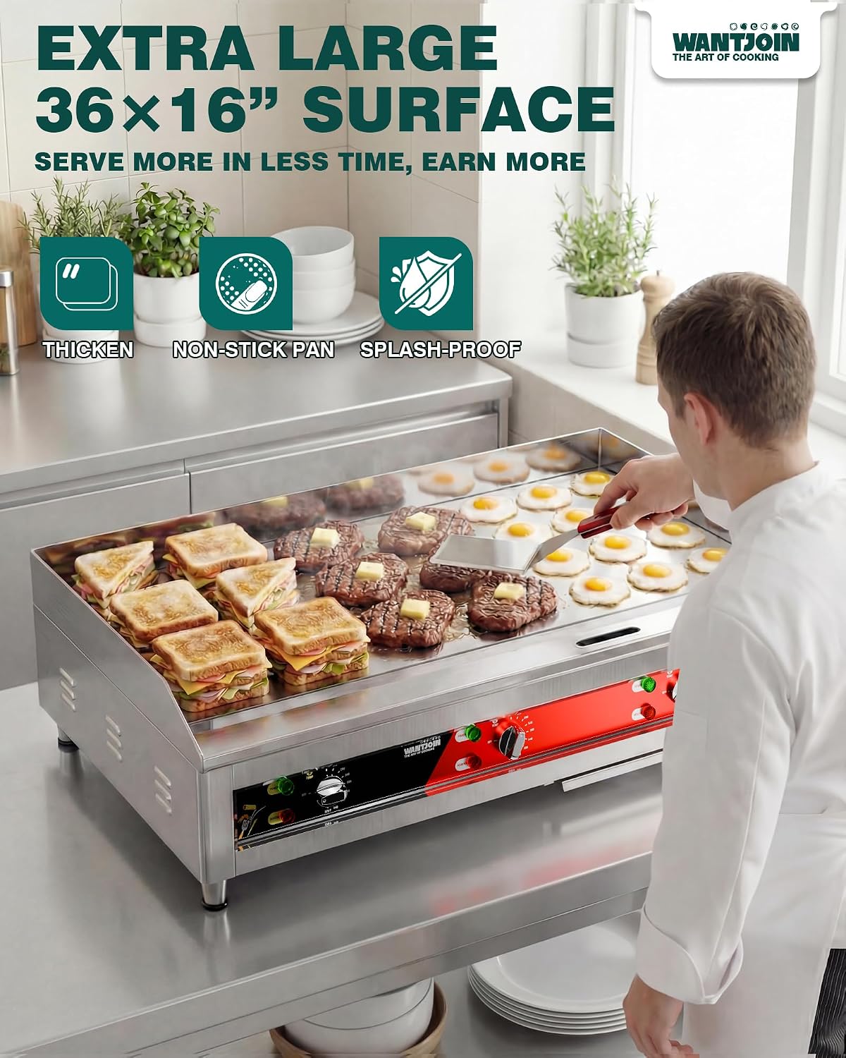 WantJoin Commercial Electric Griddle - 36"*20" Large Heavy Duty Commercial Griddles with Non-Stick 1/2" Thicken Iron Cooking Plate, 6600W Flat Top Heavy Duty Griddles for Restaurant Use
