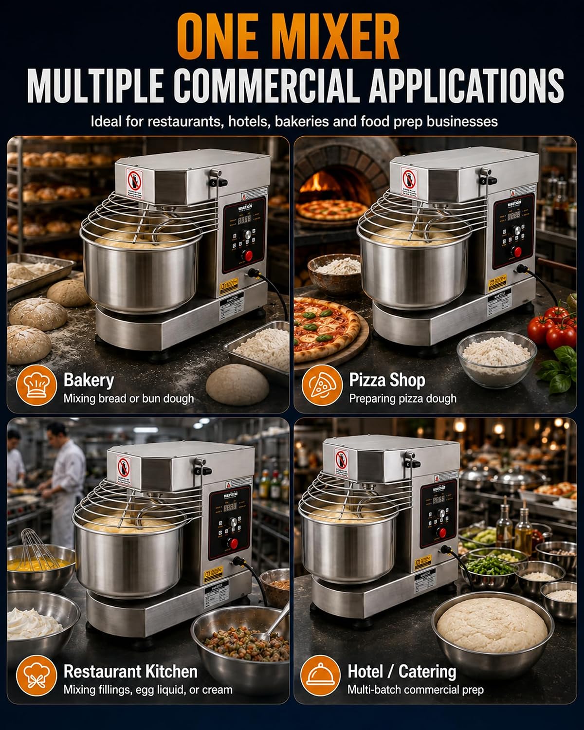 WantJoin Commercial Dough Mixer - 10.5Qt Capacity 750W Dual Rotating Dough Kneading Machine w/Food-grade Stainless Steel Bowl, Security Shield & Timer, Spiral Dough Mixer For Restaurant Bakery