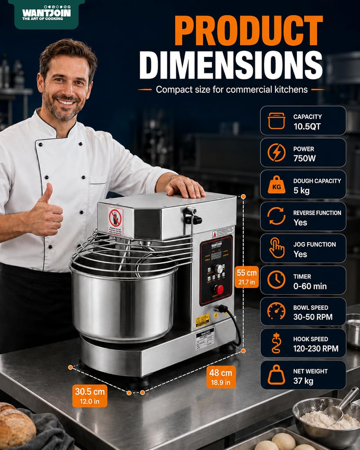 WantJoin Commercial Dough Mixer - 10.5Qt Capacity 750W Dual Rotating Dough Kneading Machine w/Food-grade Stainless Steel Bowl, Security Shield & Timer, Spiral Dough Mixer For Restaurant Bakery