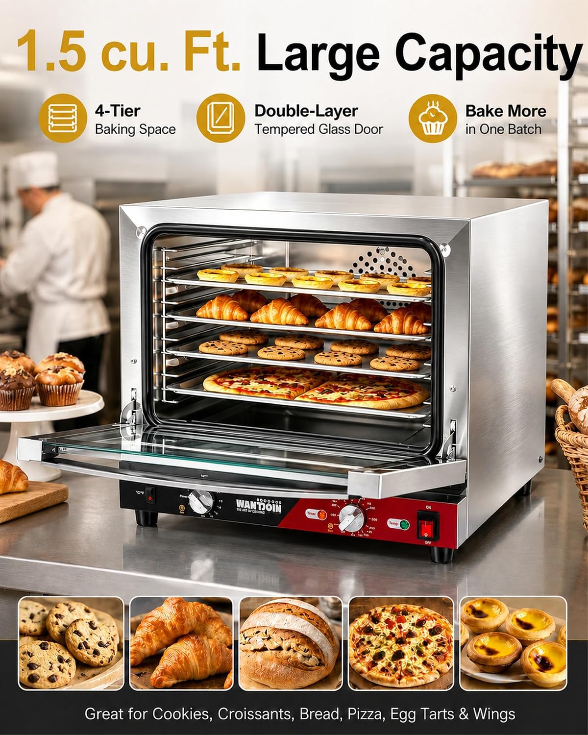 WantJoin Commercial Convection Oven - 1.5 Cu. Ft. Countertop Oven for Half Size Pan, 1800W, Front Tempered Glass Door, 3580RPM Fan, Stainless Steel for Restaurant Coffee Shops