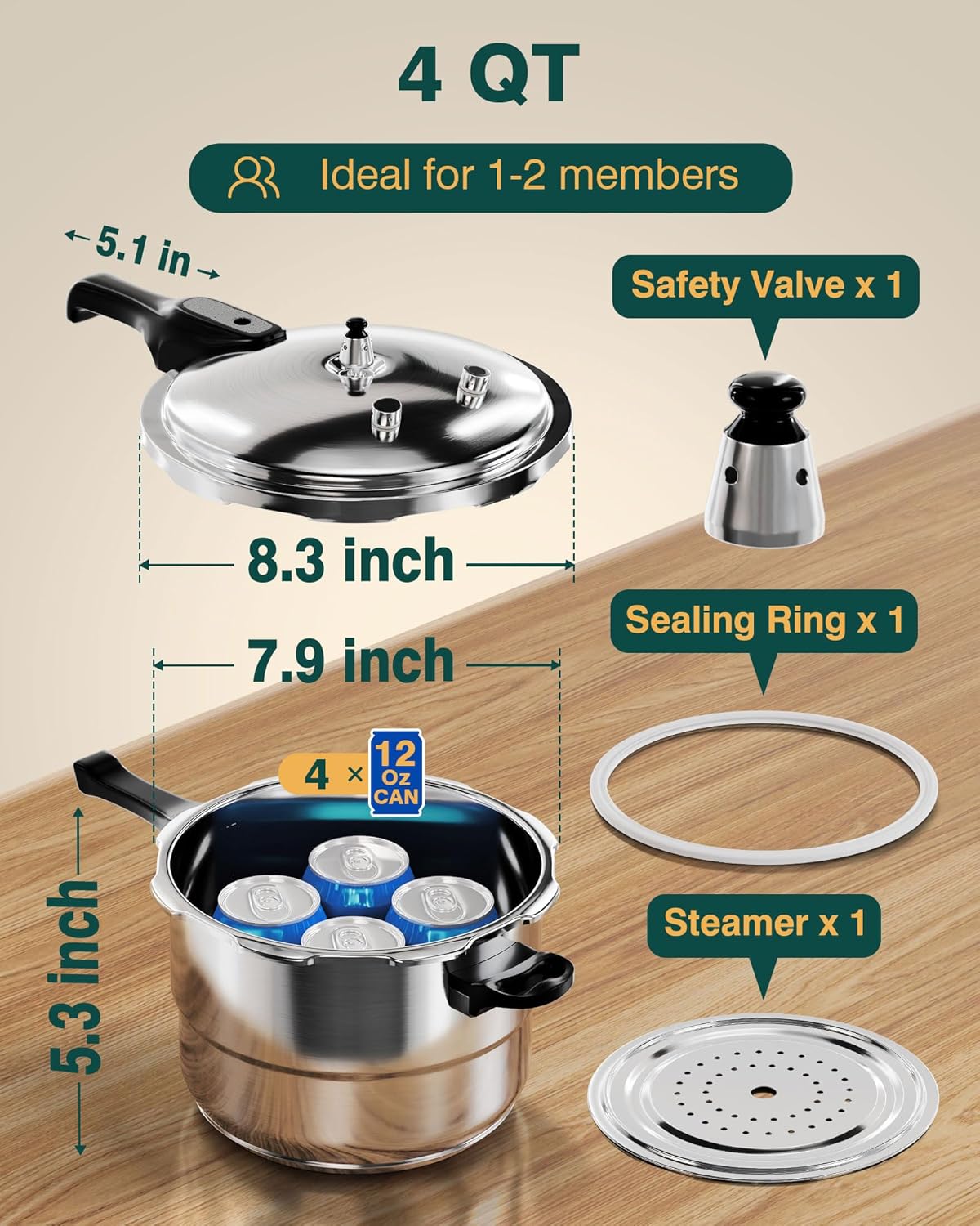 WantJoin Stainless Steel Pressure Cooker, Spring Valve Safeguard Devices, Gas Stove Eletric Stove Cooking