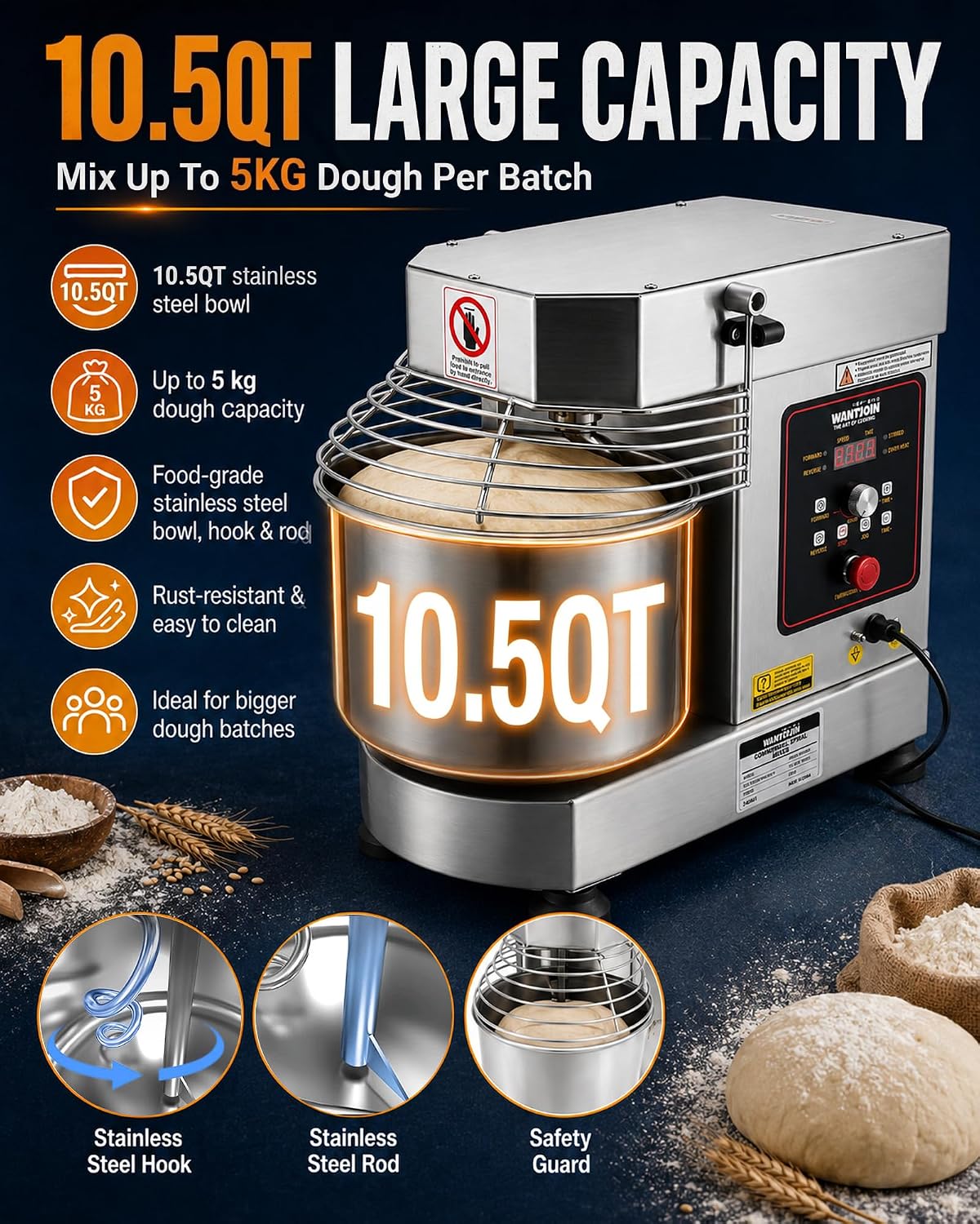 WantJoin Commercial Dough Mixer - 10.5Qt Capacity 750W Dual Rotating Dough Kneading Machine w/Food-grade Stainless Steel Bowl, Security Shield & Timer, Spiral Dough Mixer For Restaurant Bakery