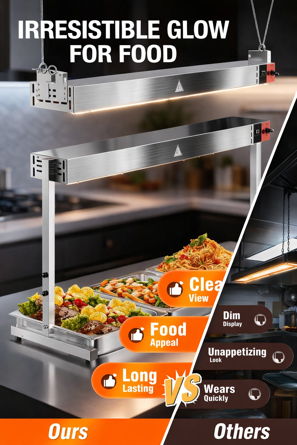 WantJoin Commercial Food Heat Lamp - 36‑Inch 1050W Stainless Steel Stand or Hanging Mode Food Warmer Lamp, 110V Electric Strip Heater Overhead Lighting for Cafeteria, Buffet & Kitchen Counter