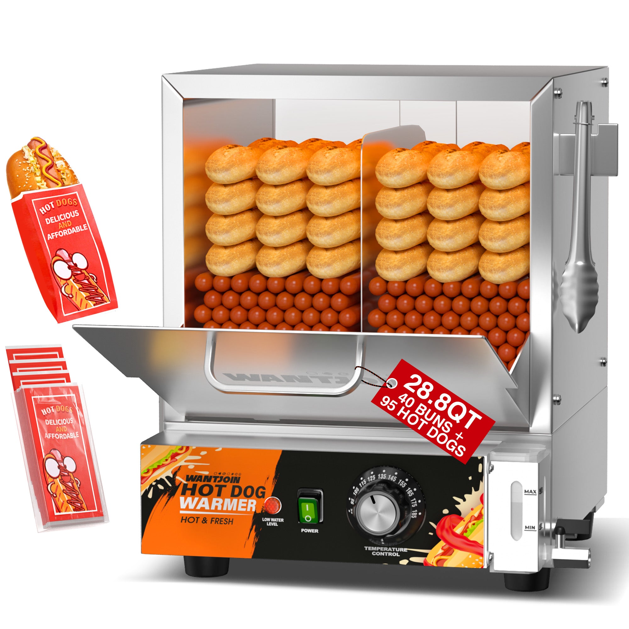 Commercial Hot Dog Steamer - 28.8QT Hot Dog Steamer Machine with Bun Warmer, Stainless Steel Tempered Glass Steamer Machine for 95-105 Sausages & 30-40 Buns, Electric Hotdogs Buns Warmer