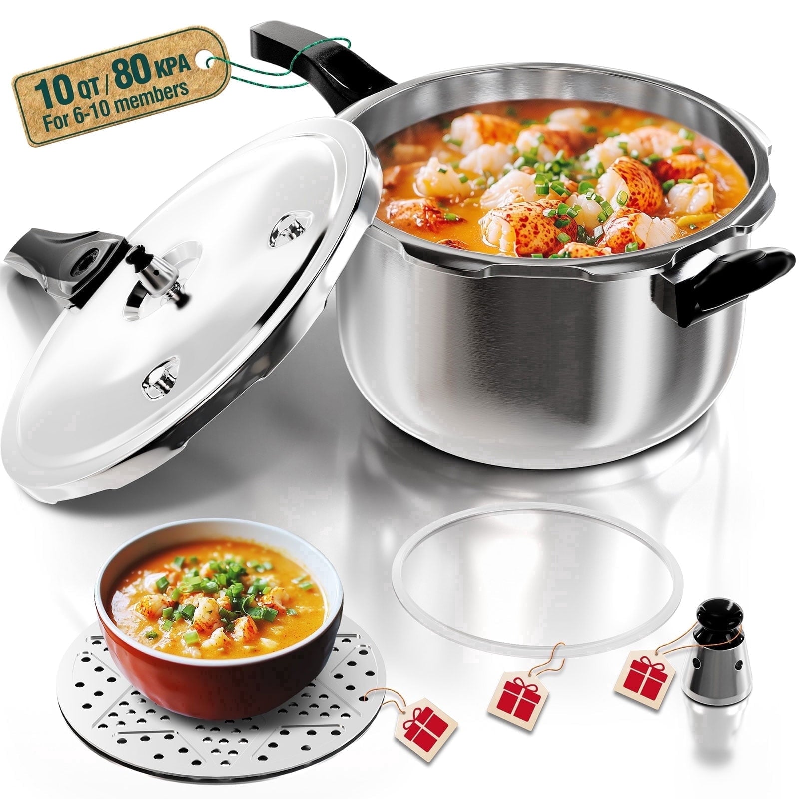 WantJoin 6.5QT Stainless Steel Pressure Cooker with Spring Valve Safeguard Devices, Induction & Gas Cooker Compatible