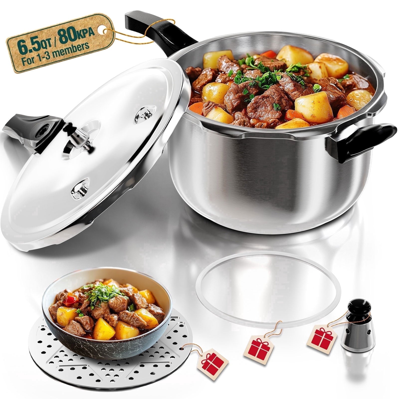 WantJoin 6.5QT Stainless Steel Pressure Cooker with Spring Valve Safeguard Devices, Induction & Gas Cooker Compatible