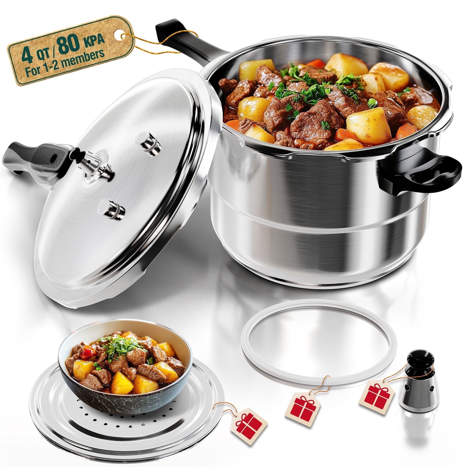 WantJoin 6.5QT Stainless Steel Pressure Cooker with Spring Valve Safeguard Devices, Induction & Gas Cooker Compatible