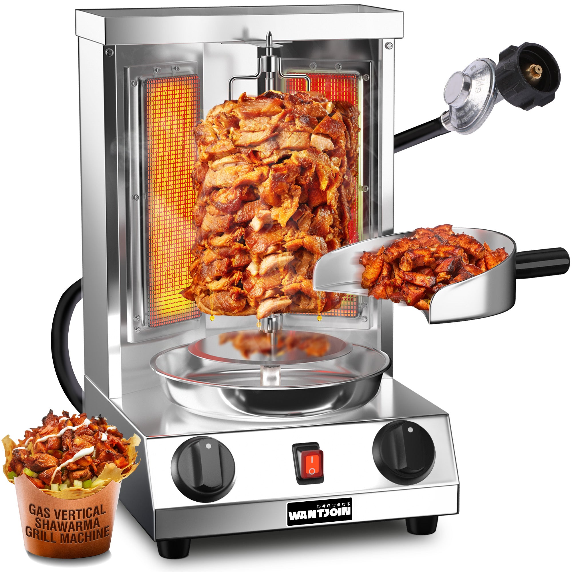 WantJoin Shawarma Grill Machine, Gas Vertical Rotisserie with 2 Burners for Home, Countertop Rotating Doner Kebab Oven Broiler Gyro Maker with Shovel, 110V
