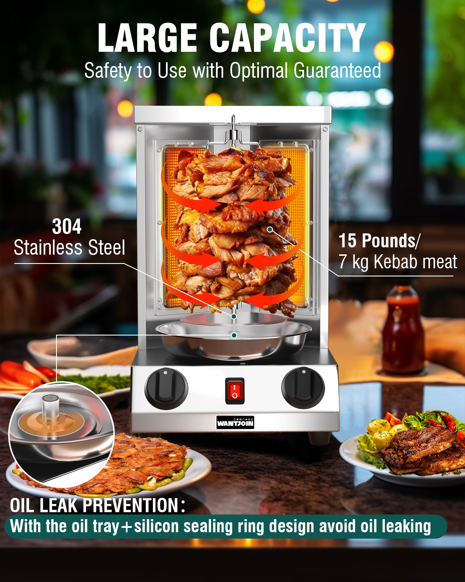 WantJoin Shawarma Grill Machine, Gas Vertical Rotisserie with 2 Burners for Home, Countertop Rotating Doner Kebab Oven Broiler Gyro Maker with Shovel, 110V