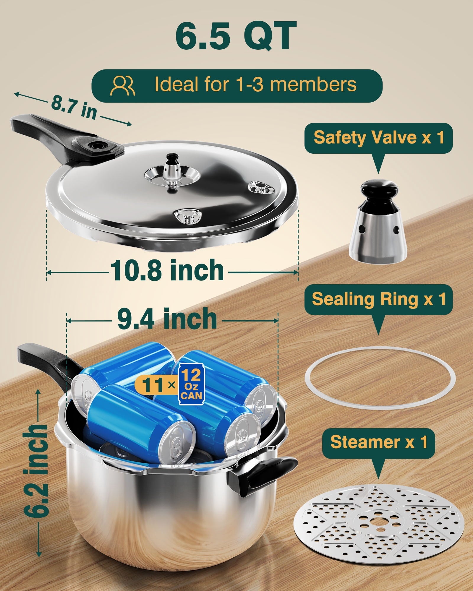 WantJoin 6.5QT Stainless Steel Pressure Cooker with Spring Valve Safeguard Devices, Induction & Gas Cooker Compatible