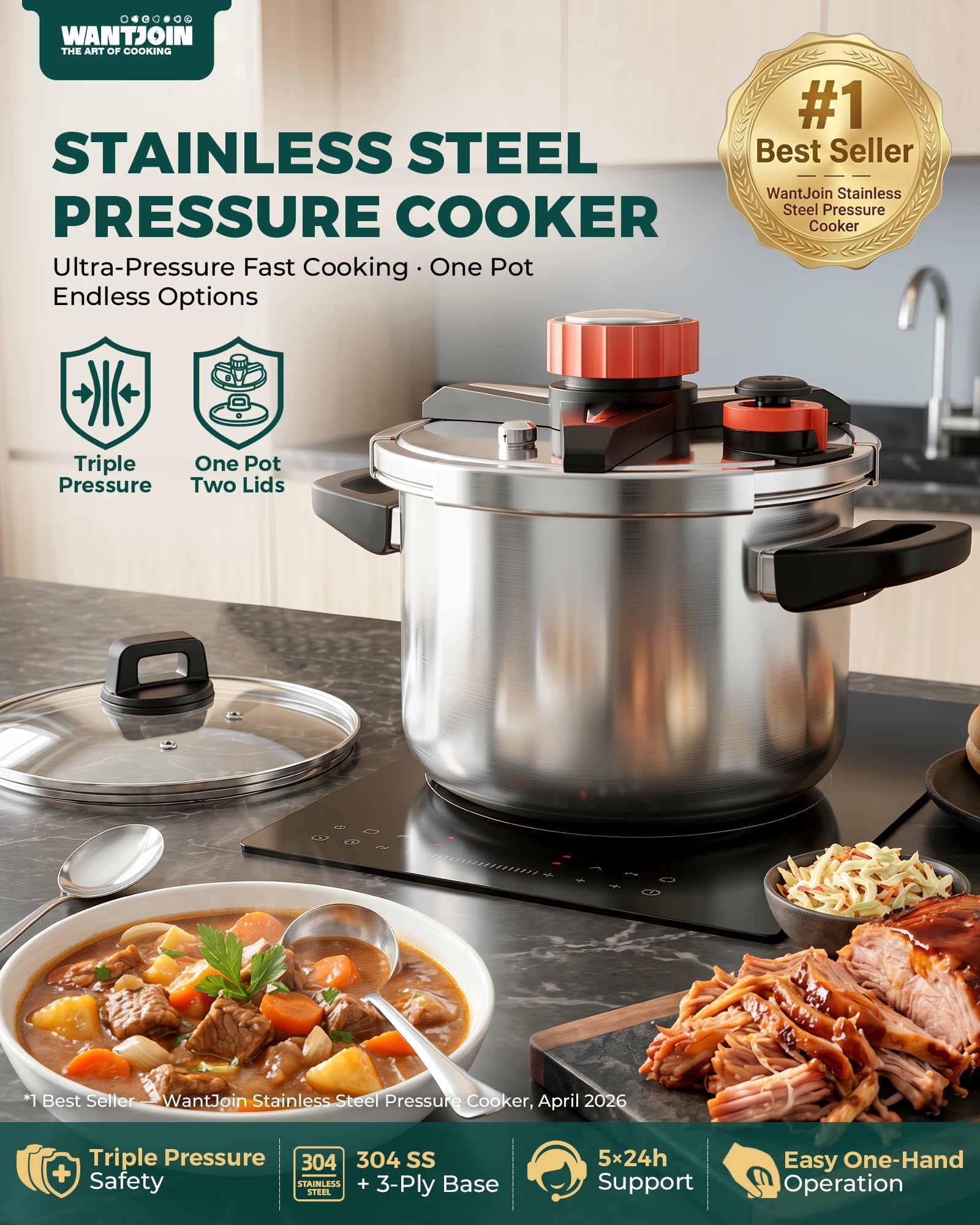 WantJoin 6Qt Pressure Cooker - 3-In-1 Stainless Steel Pressure Canner Compatible with Gas & Induction Cooker,Protective Devices,Canner Rack Included